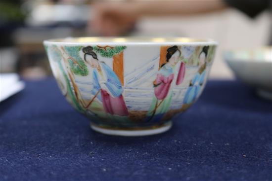 A Cantonese porcelain tea bowl and saucer, with gilt painted European monograms